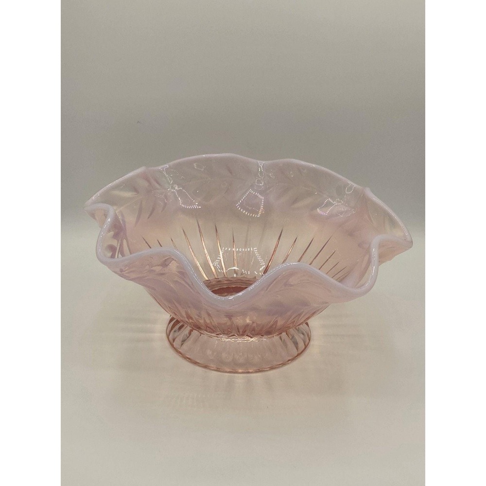 Fenton Glass PINK OPALESCENT Ruffled‎ Open Compote Bowl Leaf Pattern 11"